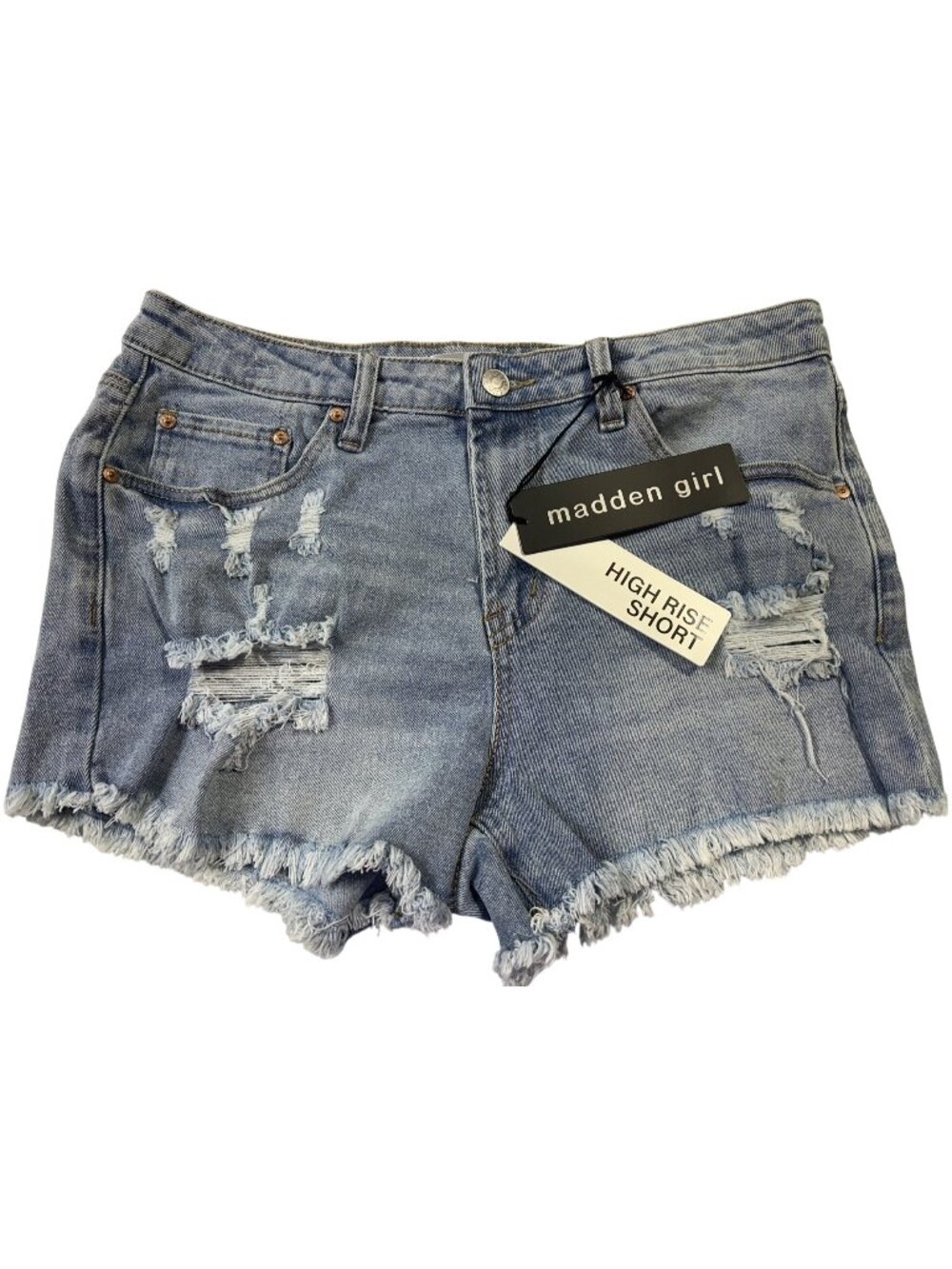Madden Girl Size 11 High Rise Distressed Denim Shorts Light Wash Frayed Hem